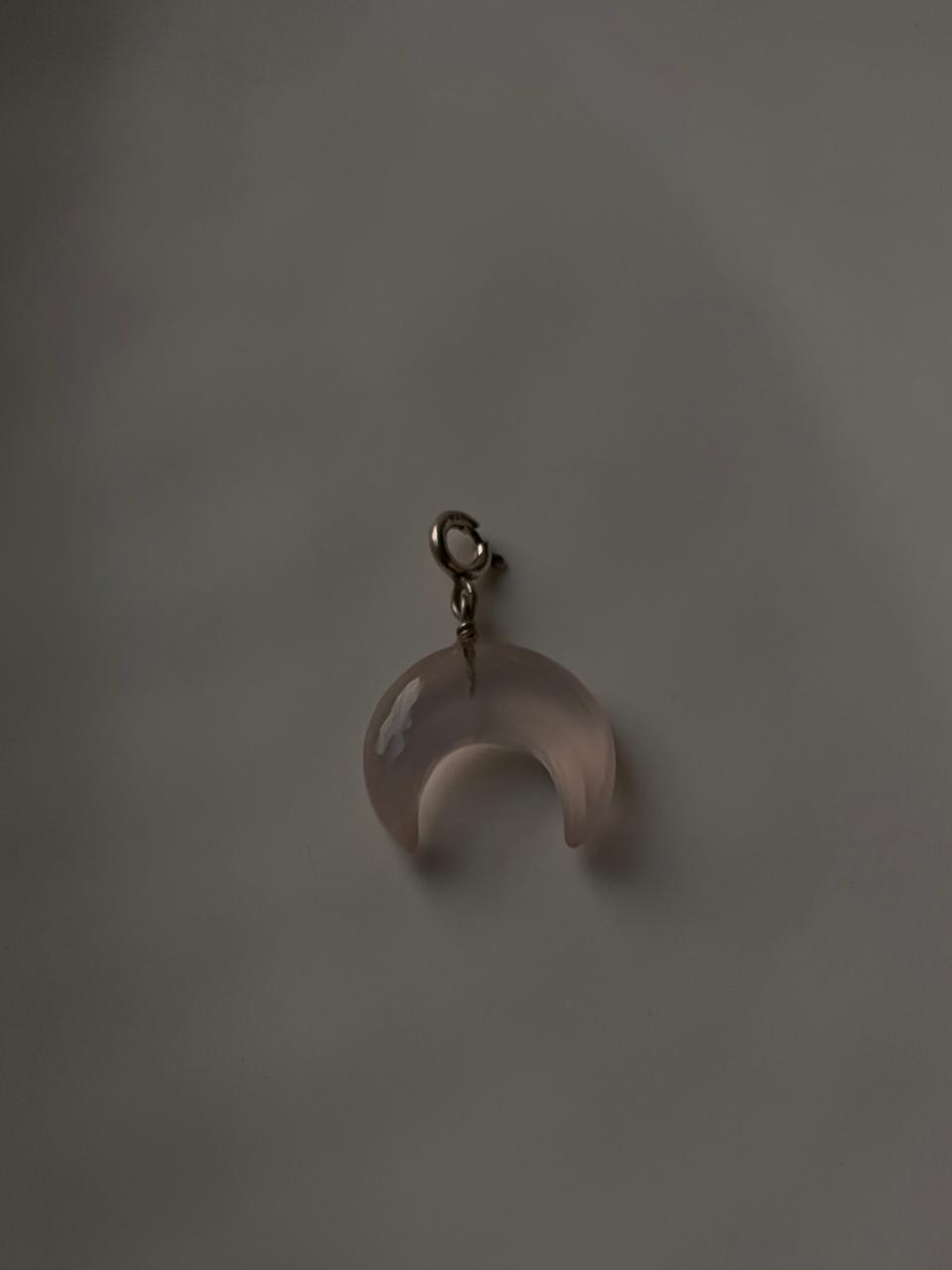 Rose Quartz Big Crescent Moon Pendant with Silver Details