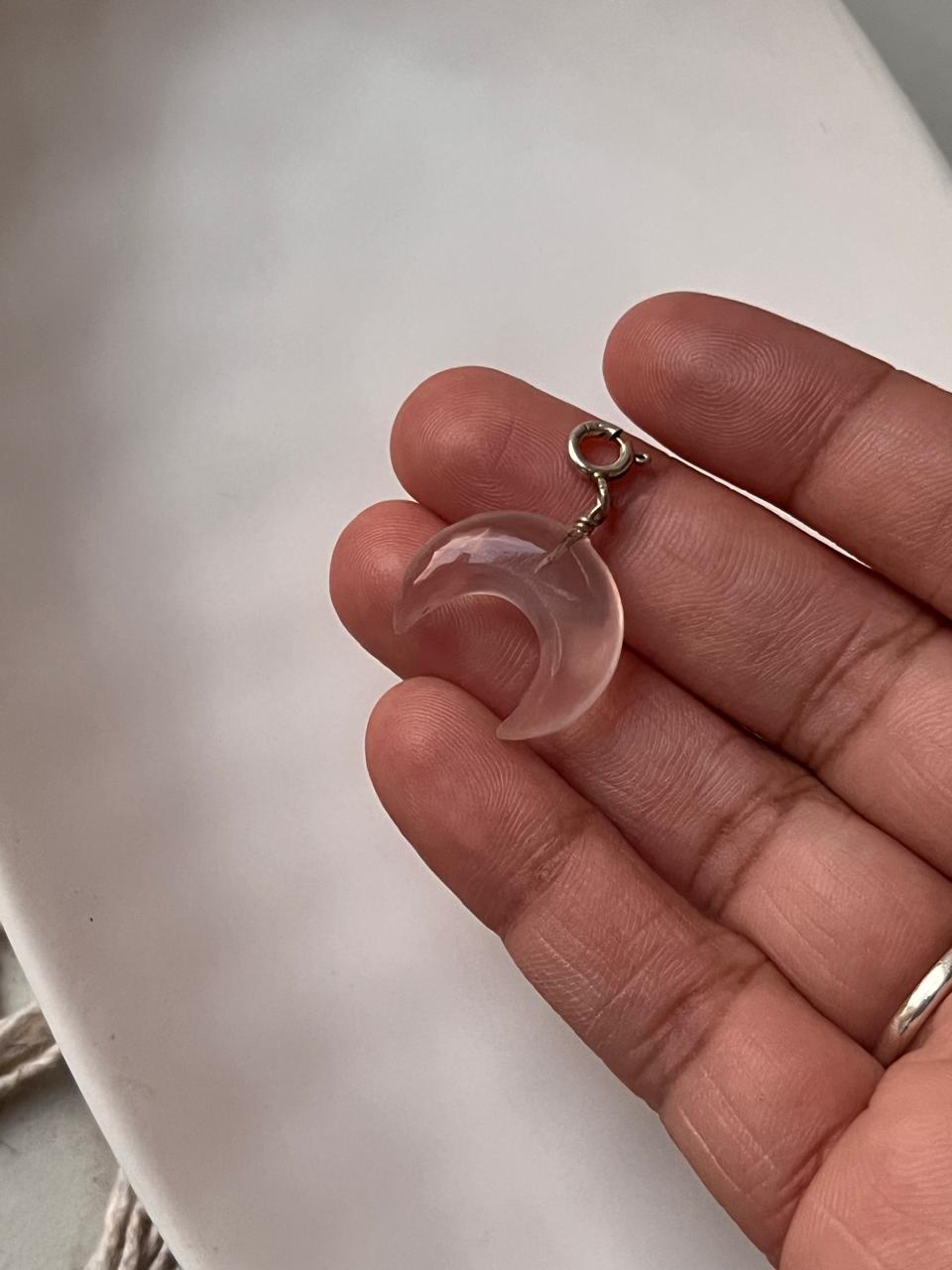 Large Rose Quartz Crescent Moon with Silver Charm