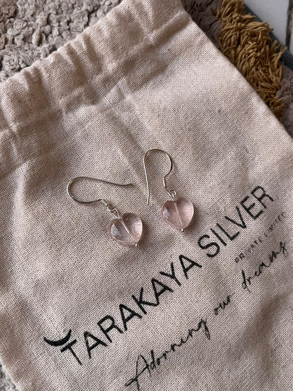 Rose Quartz Heart Crystal Hook Silver Earrings