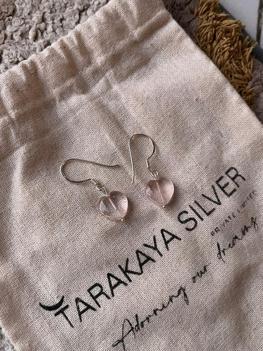 Rose Quartz Heart Crystal Hook Silver Earrings