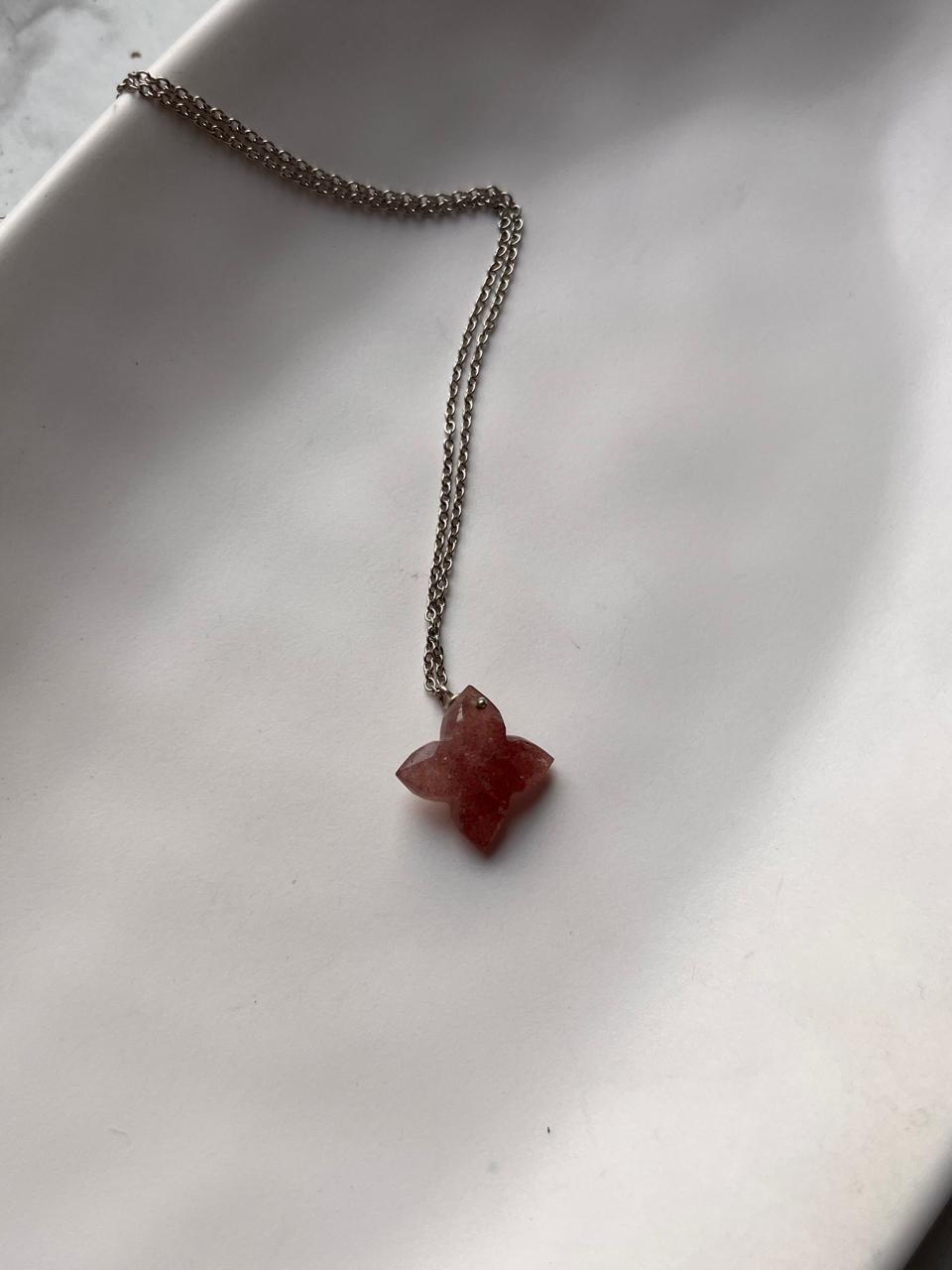 Handcrafted Strawberry Quartz Clover Crystal Necklace