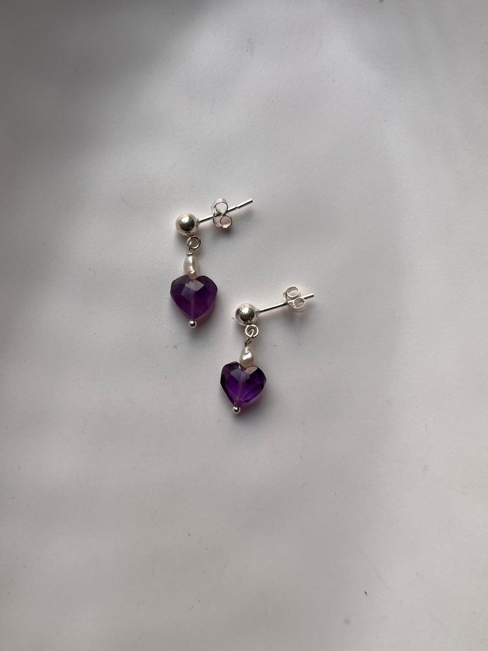 Silver Stud Earrings with Small Amethyst Heart and Freshwater Pearl