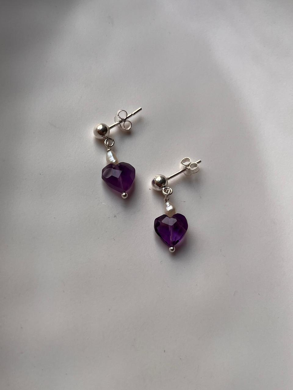 Tiny Amethyst Heart and Pearl Silver Crystal Studs