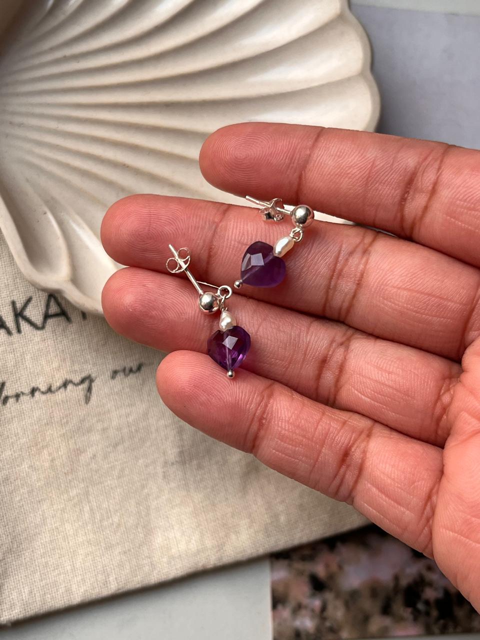 Freshwater Pearl and Amethyst Heart Silver Stud Earrings