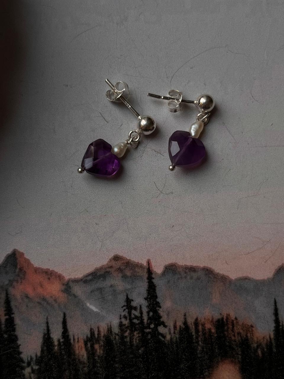 Amethyst Heart Crystal with Pearl Silver Stud Earrings
