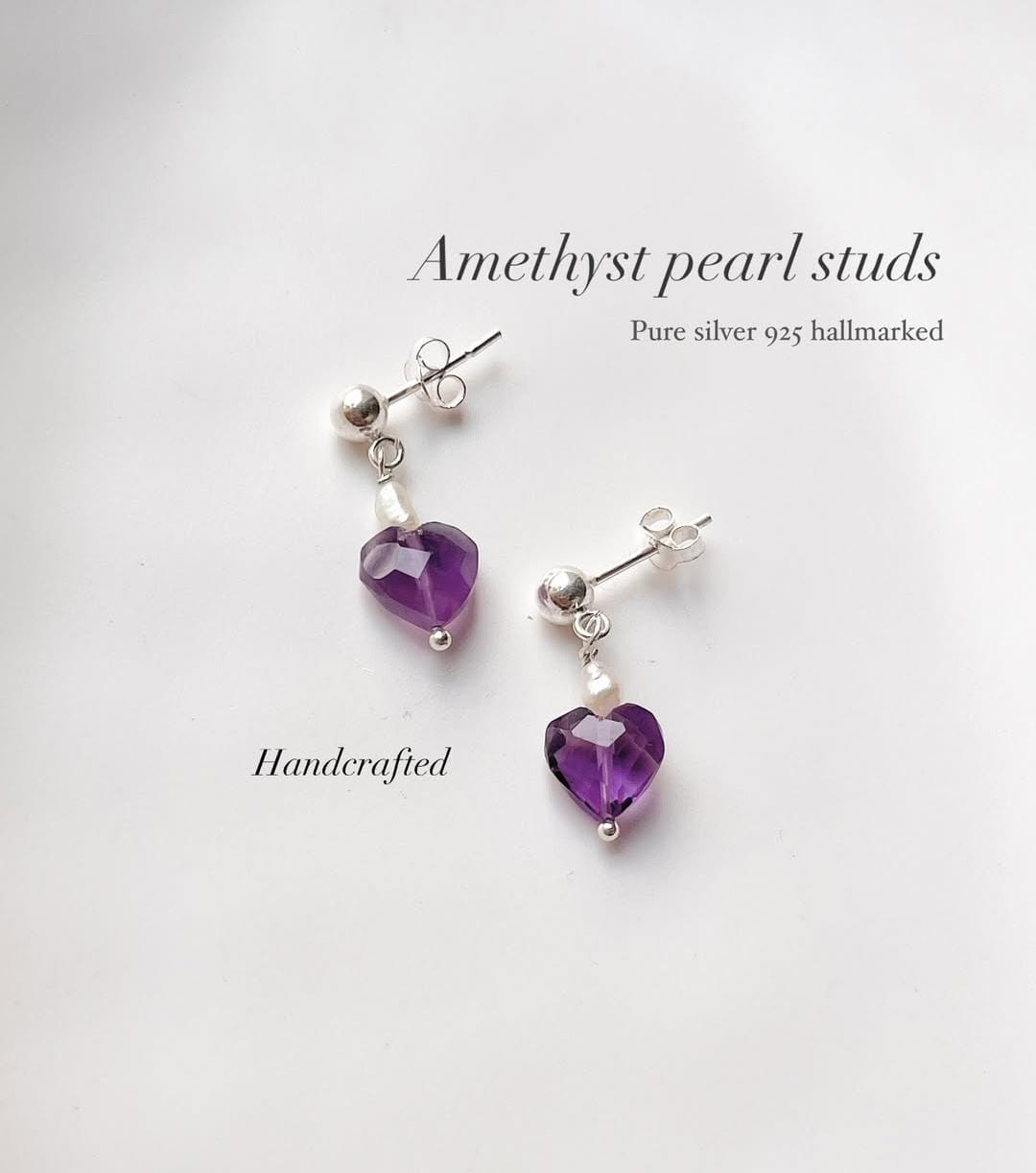 Small Amethyst Heart and Freshwater Pearl Silver Stud Earrings