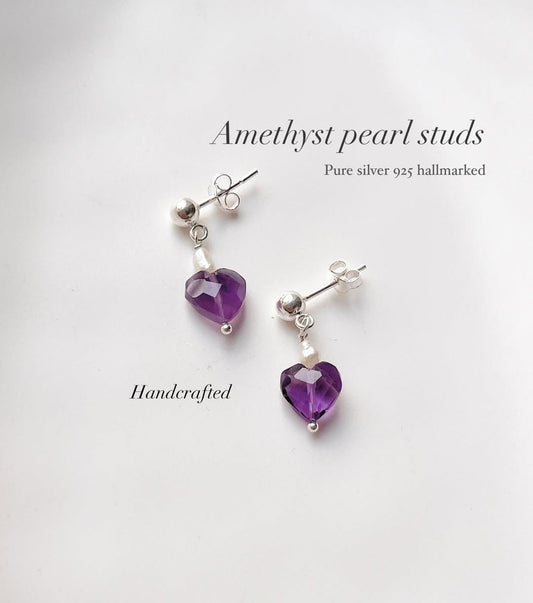 Small Amethyst Heart and Freshwater Pearl Silver Stud Earrings