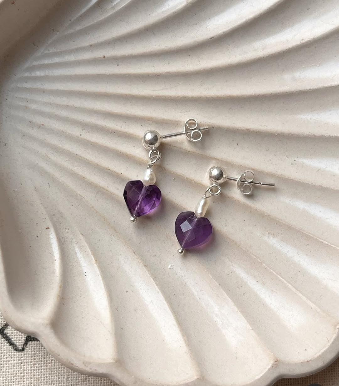 Amethyst Heart with Freshwater Pearl Crystal Silver Studs