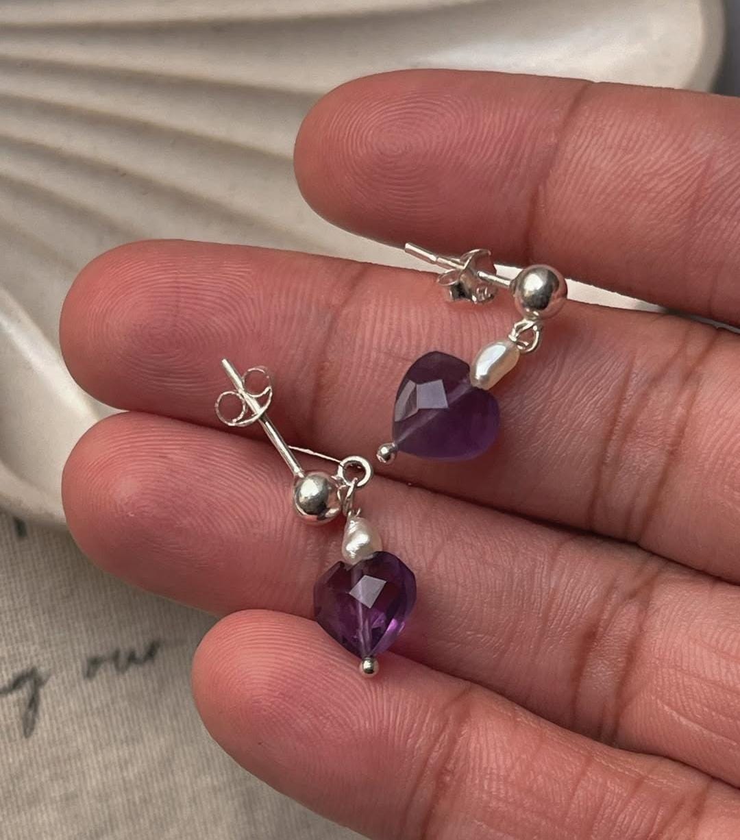 Amethyst Heart and Pearl Silver Crystal Studs for Jewelry