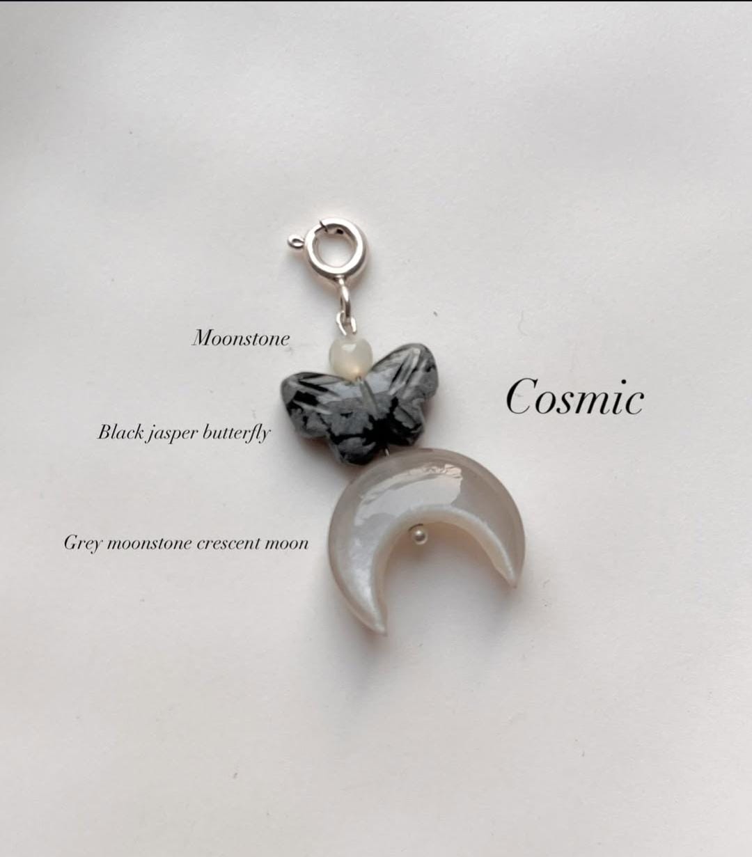 Cosmic Grey Moonstone Crescent Moon with Black Jasper Butterfly Charm