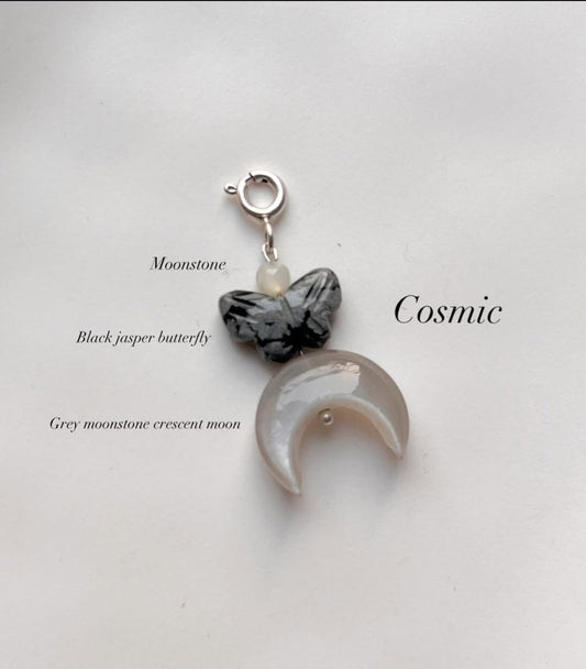 Cosmic Grey Moonstone Crescent Moon with Black Jasper Butterfly Charm