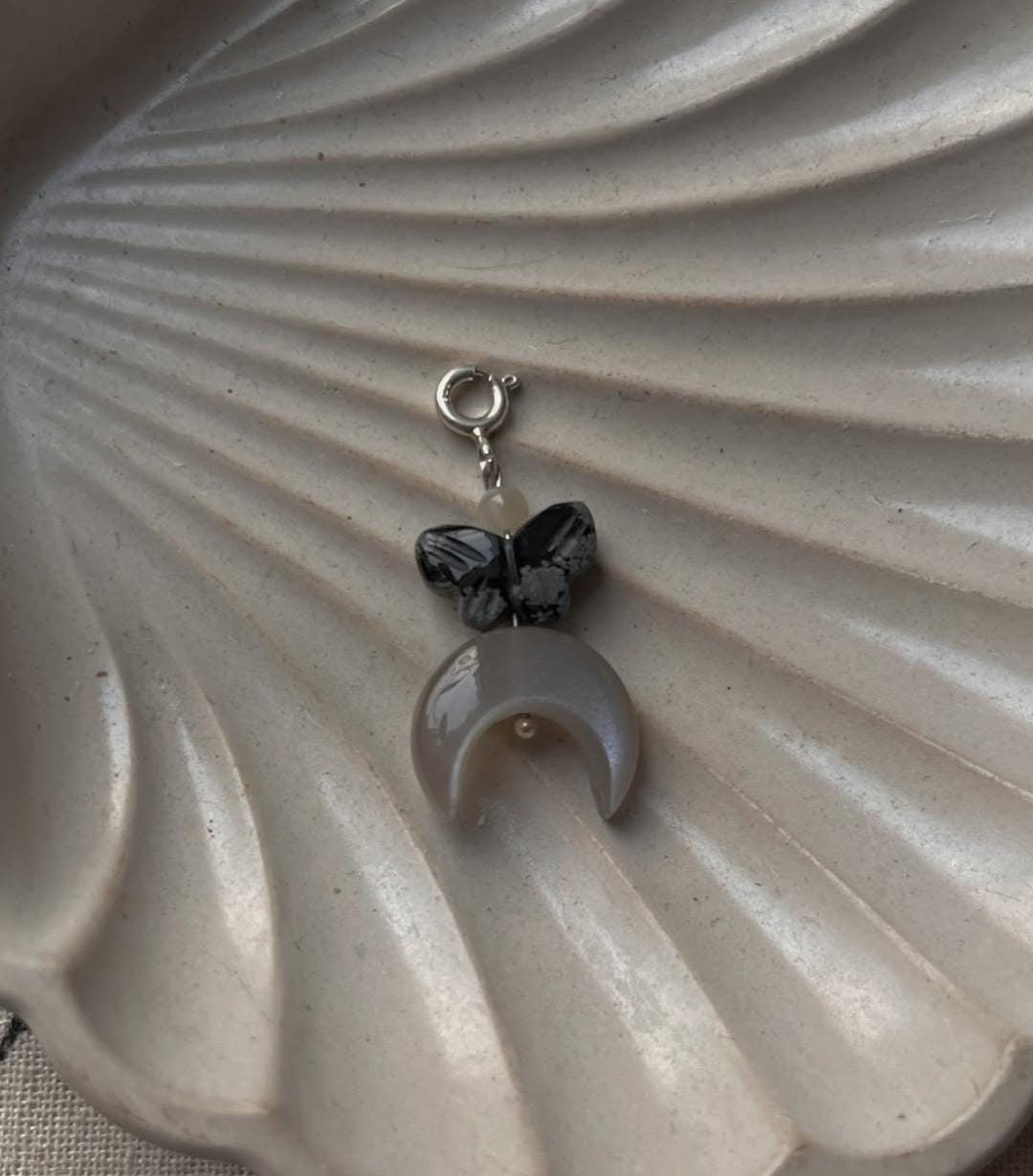 Cosmic Grey Moonstone Crescent Moon and Butterfly Moonstone Crystal Charm