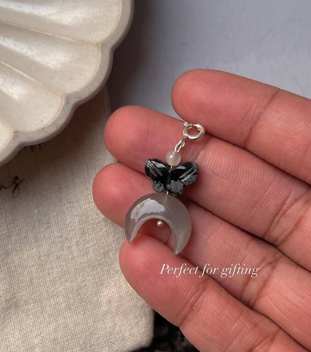 Moonstone Crescent Moon and Black Jasper Butterfly Crystal Charm