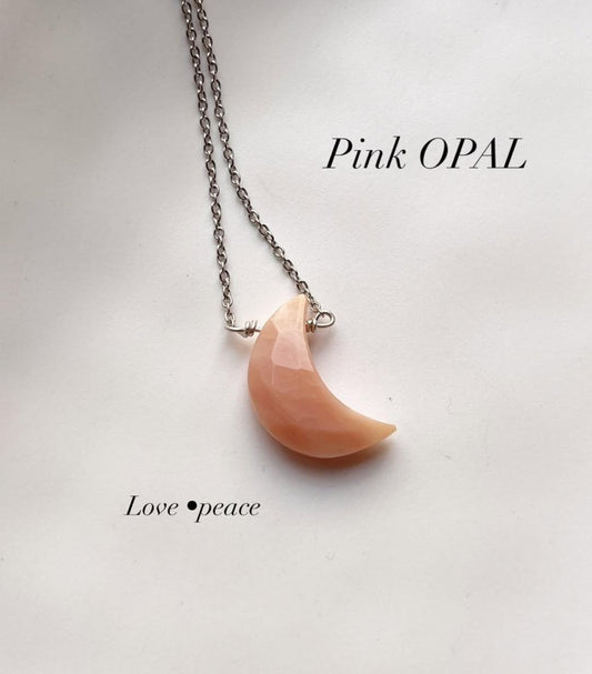 Pink Opal Crescent Moon Crystal Necklace