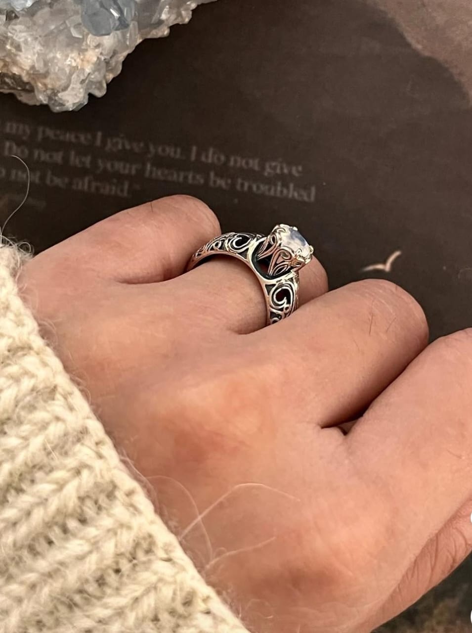 Classic vintage moonstone silver ring for women