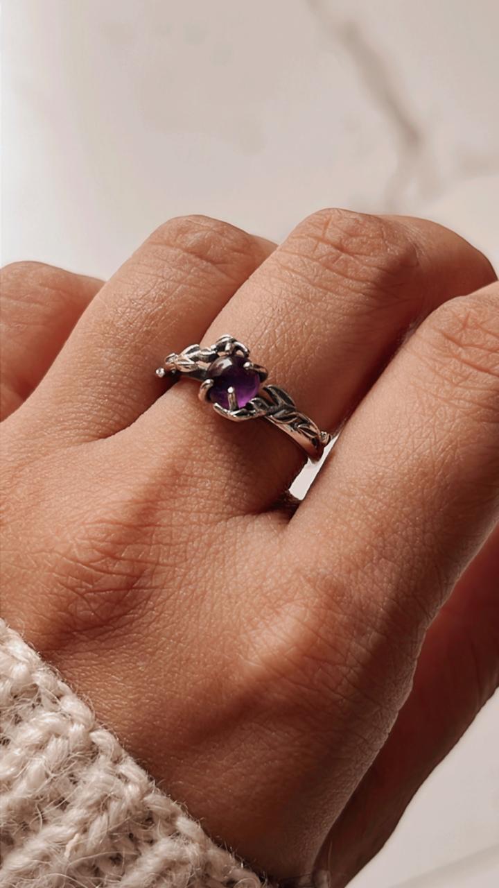 Silver Ring Featuring Amethyst Stone and Forest-Inspired Details