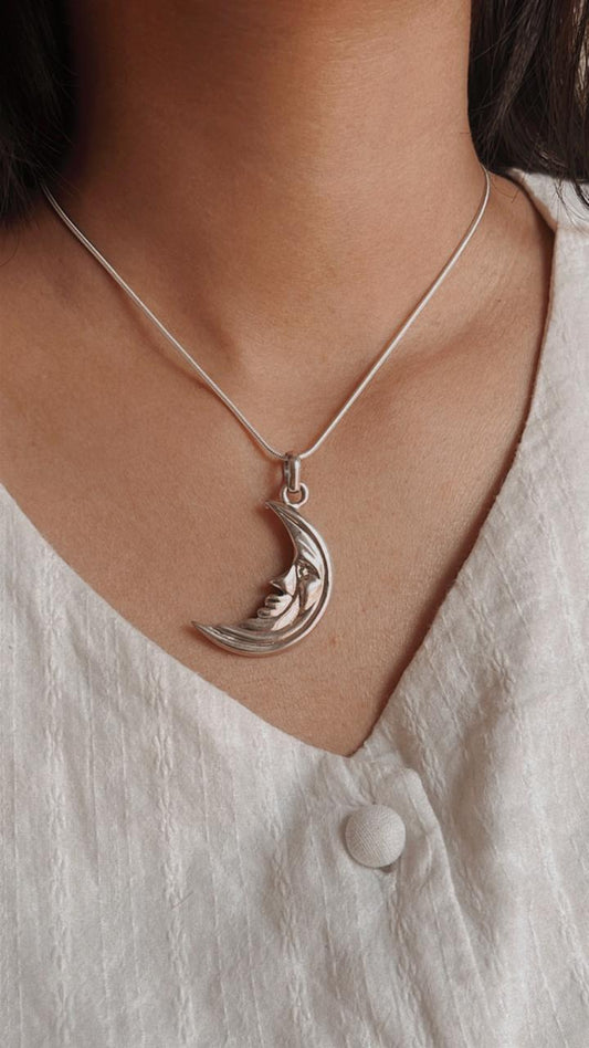 Elegant large crescent moon pendant in sterling silver
