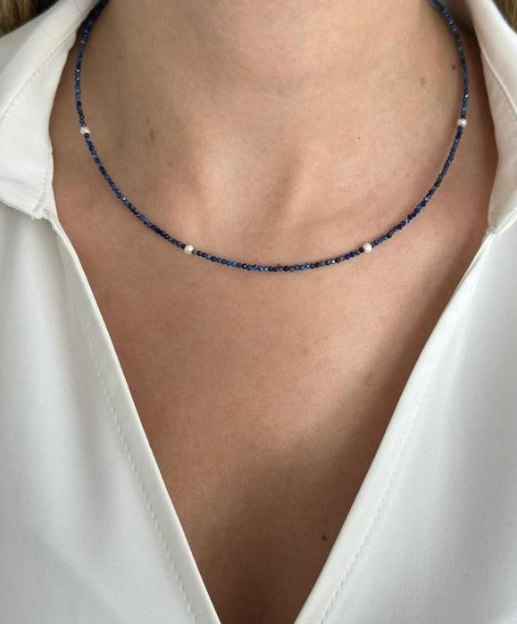 Lapis Lazuli 2MM Boho Choker Silver Ball Necklace