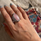 Bold Rose Quartz Oval Ring with Boho Silver Design