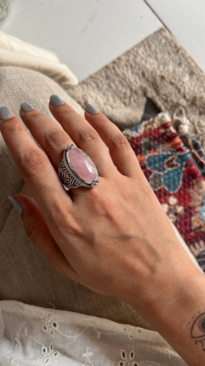 Bold Rose Quartz Oval Ring with Boho Silver Design