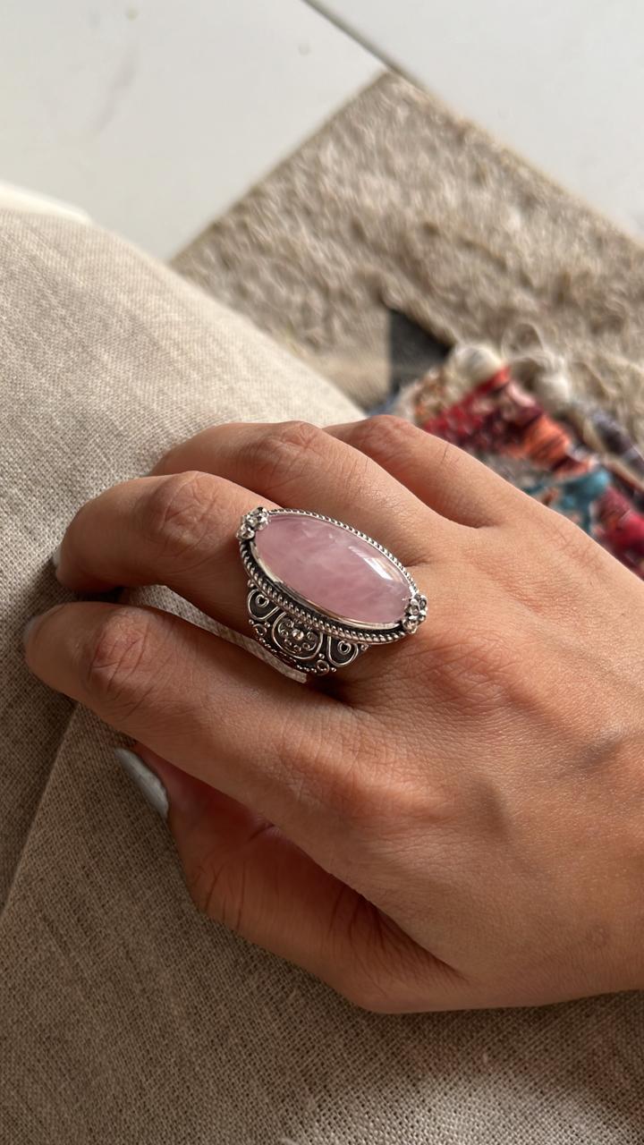 Boho-Inspired Oval Rose Quartz Silver Statement Ring