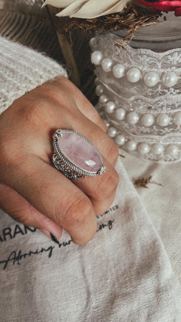 Silver Boho Oval Ring Featuring Rose Quartz Statement Stone