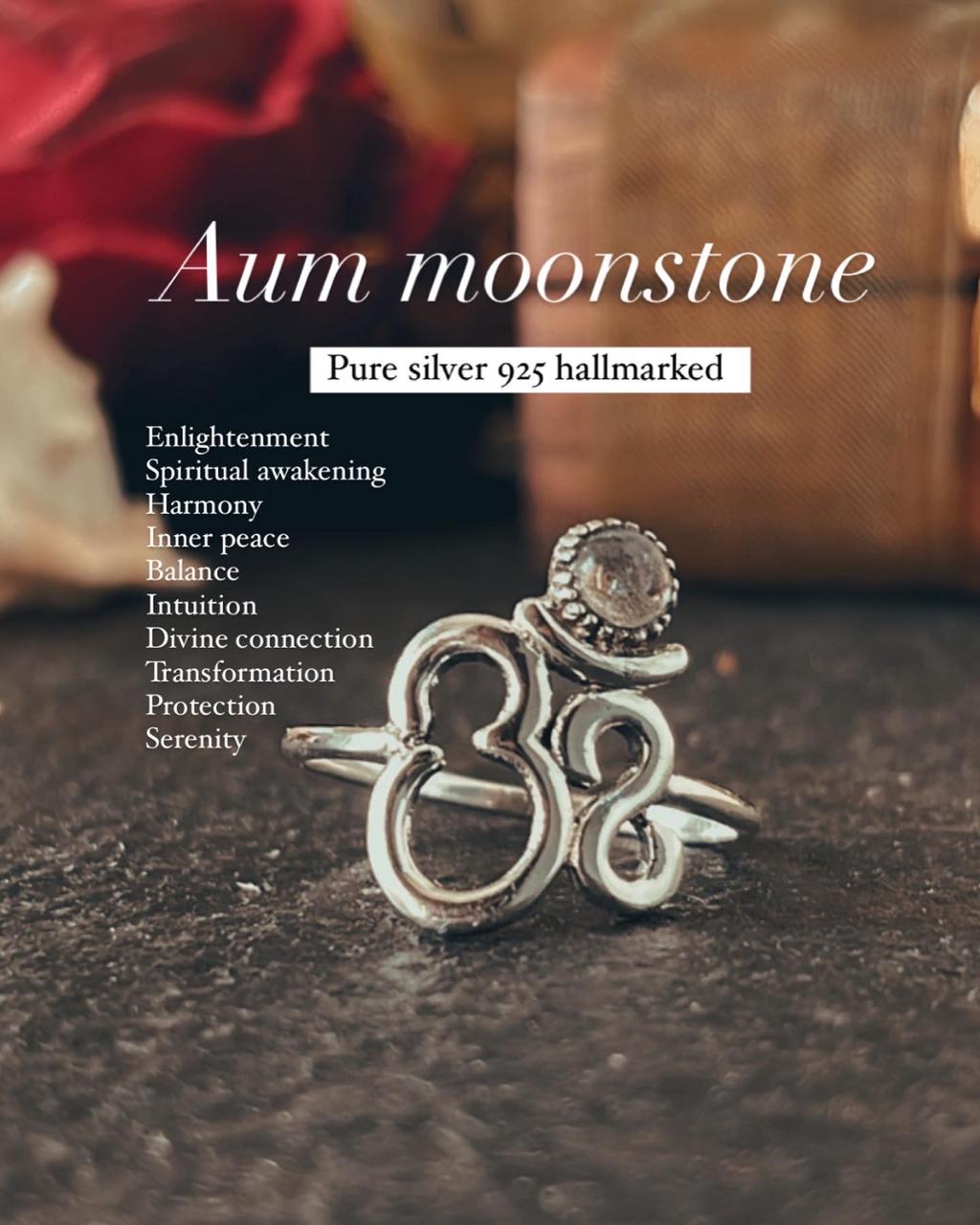 Moonstone Ring Featuring Om Aum Symbol in Silver