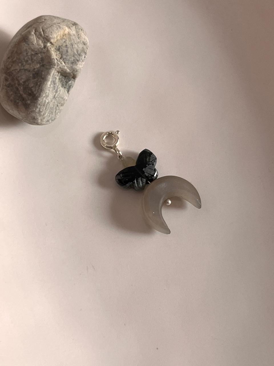 Black Jasper Butterfly and Moonstone Crescent Moon Charm