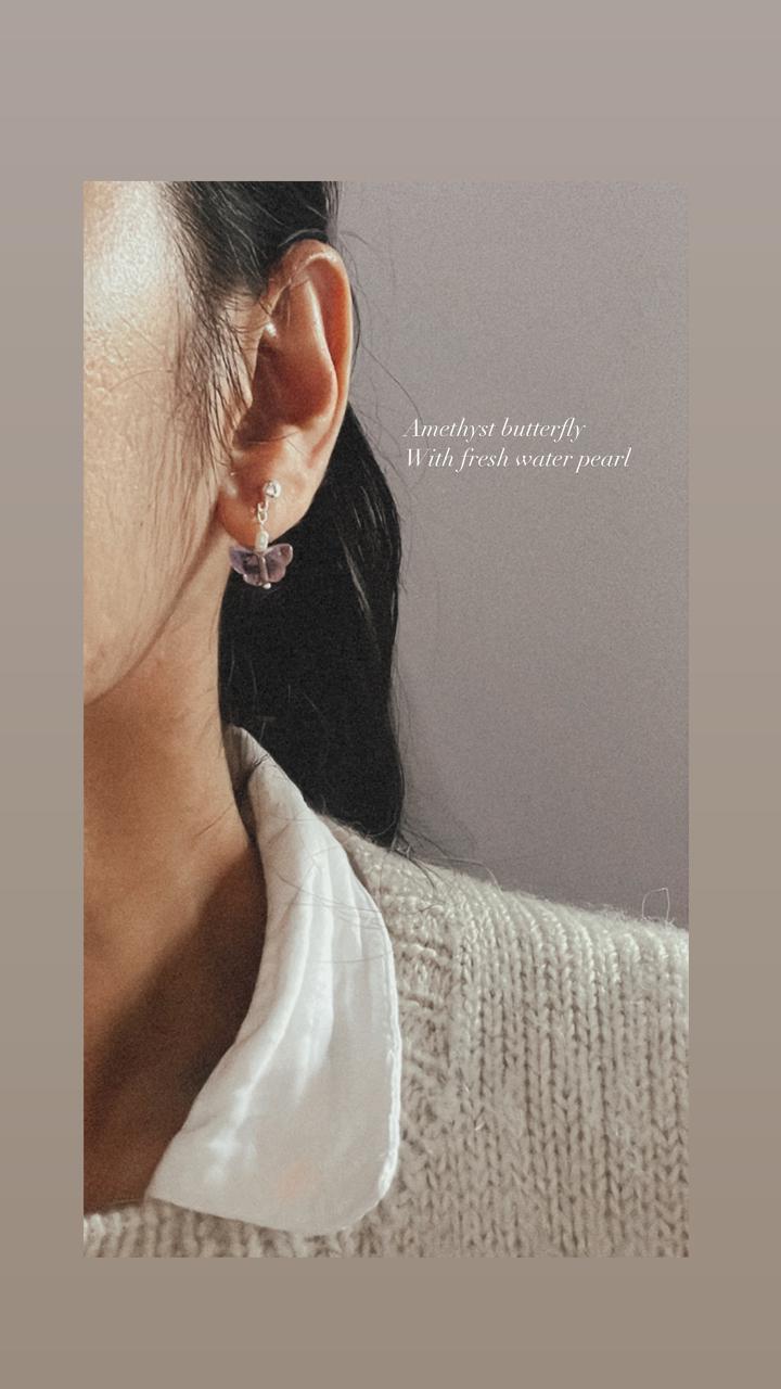 Butterfly Shaped Amethyst and Pearl Crystal Studs
