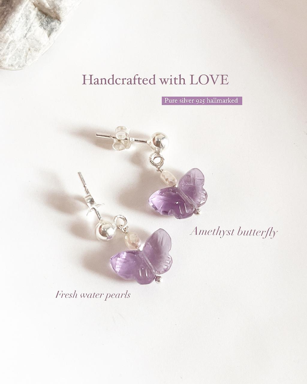 Amethyst Butterfly with Pearl Crystal Stud Earrings