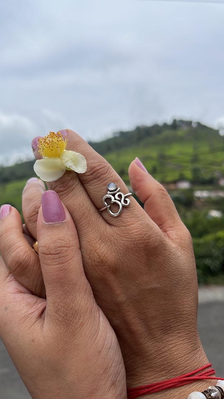 Moonstone Silver Ring with Spiritual Om Aum Design