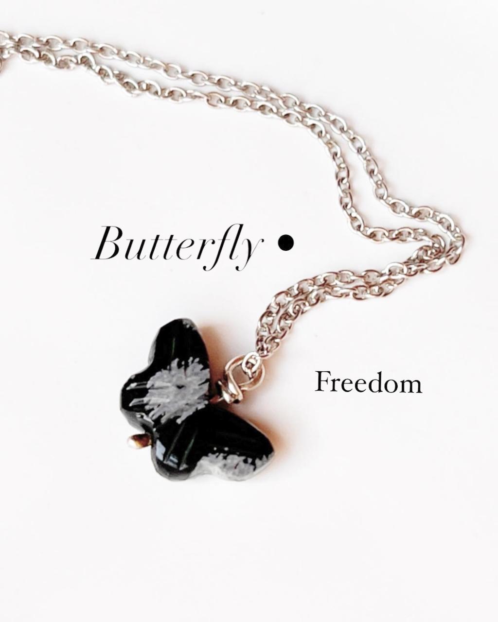 Natural Black Jasper Butterfly Crystal Necklace