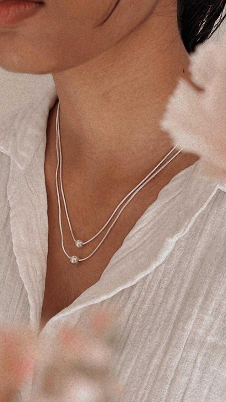 Modern Double Layered Silver Ball Chain Necklace