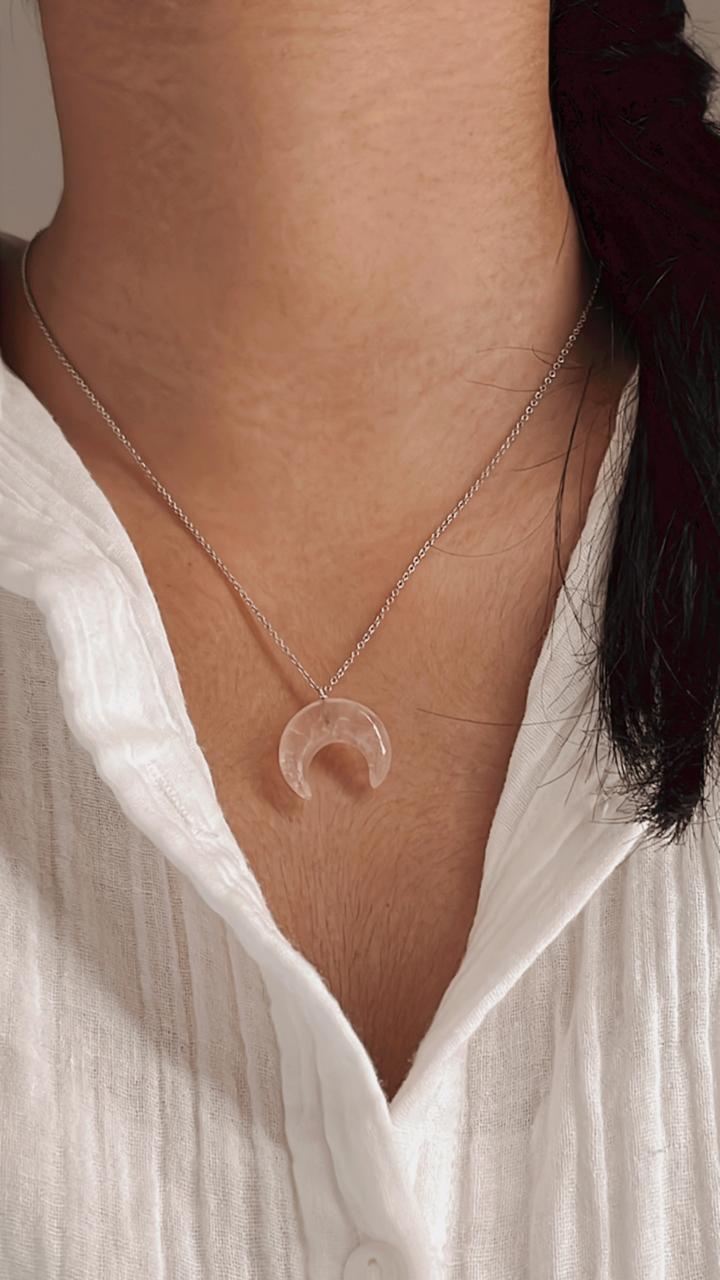 Large Rose Quartz Crescent Moon Crystal Pendant 