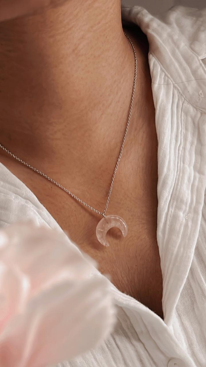 Handmade Rose Quartz Big Crescent Moon Necklace