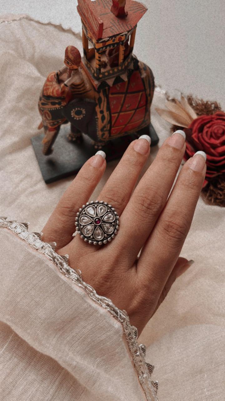Handcrafted Kundan Meenakari Silver Ring