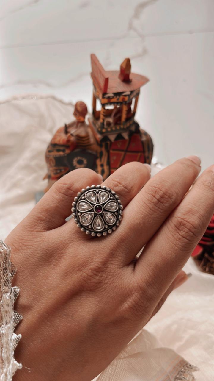 Vintage Kundan Meenakari Adjustable Silver Ring