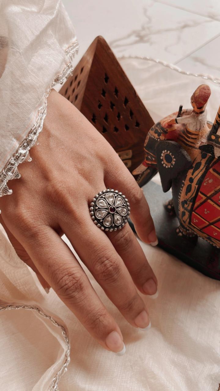 Adjustable Kundan Meenakari Antique Silver Ring