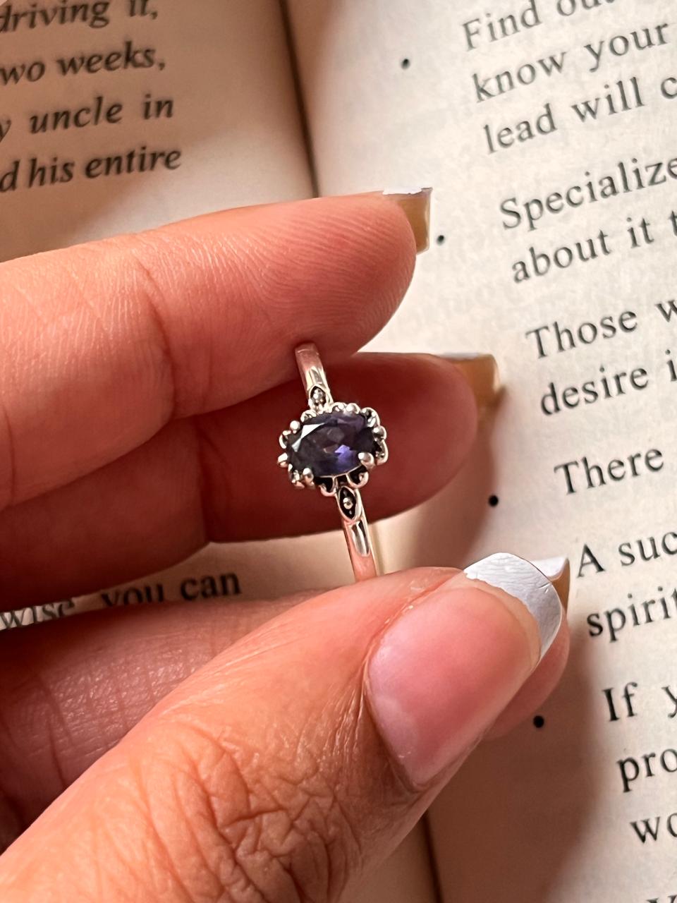 Victorian-style Iolite ring in sterling silver for a classic touch