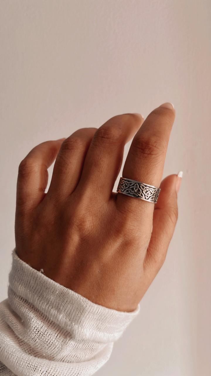 Unique thick Celtic knot band ring in sterling silver