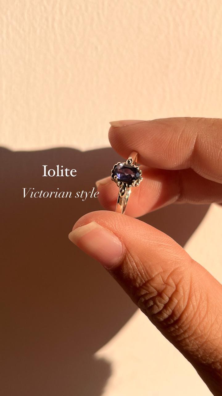 Iolite gemstone ring in 925 sterling silver with a Victorian flair