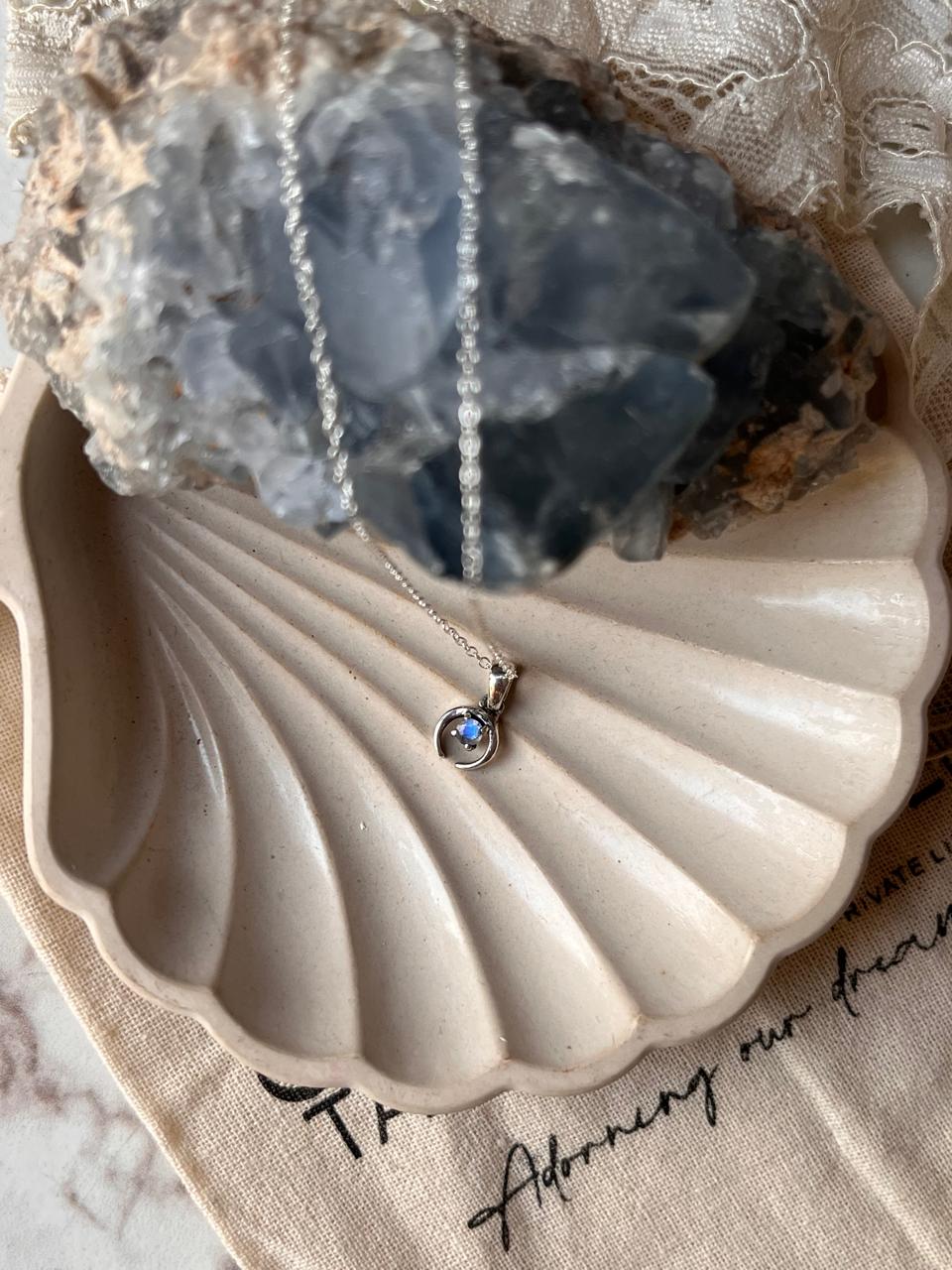 Small Crescent Moon Necklace in Silver with Moonstone Gemstone
