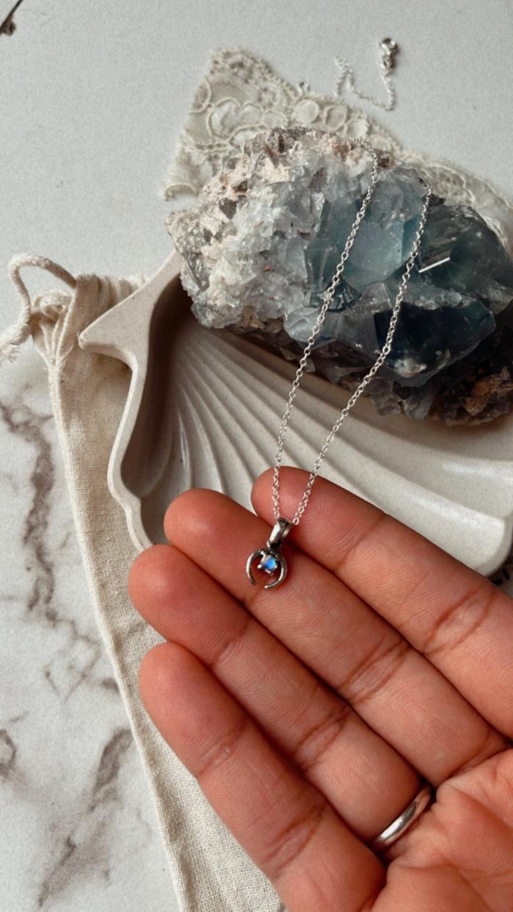 Elegant Moonstone Crescent Moon Silver Necklace