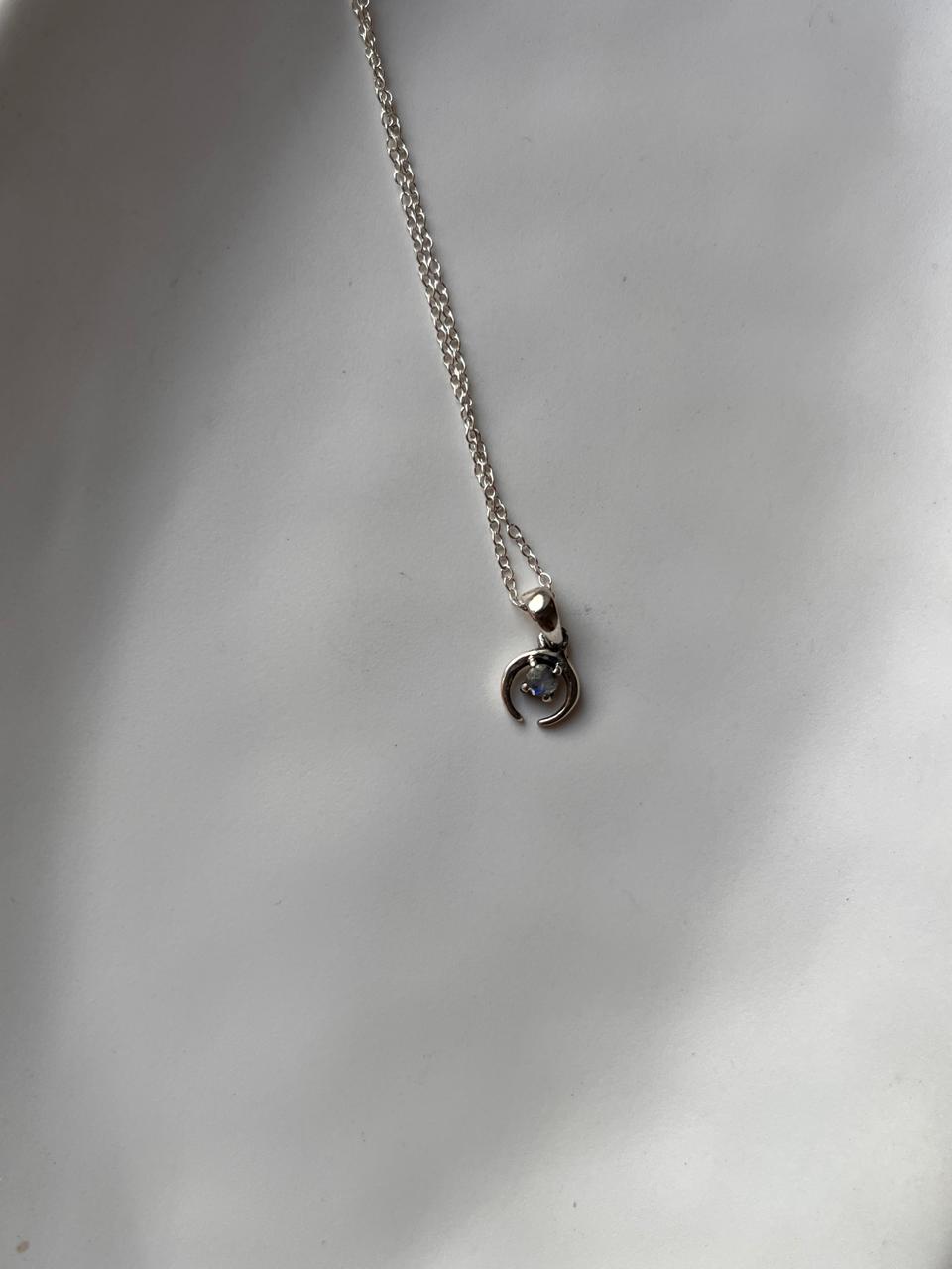 Silver Crescent Moon Necklace with Small Moonstone Gemstone