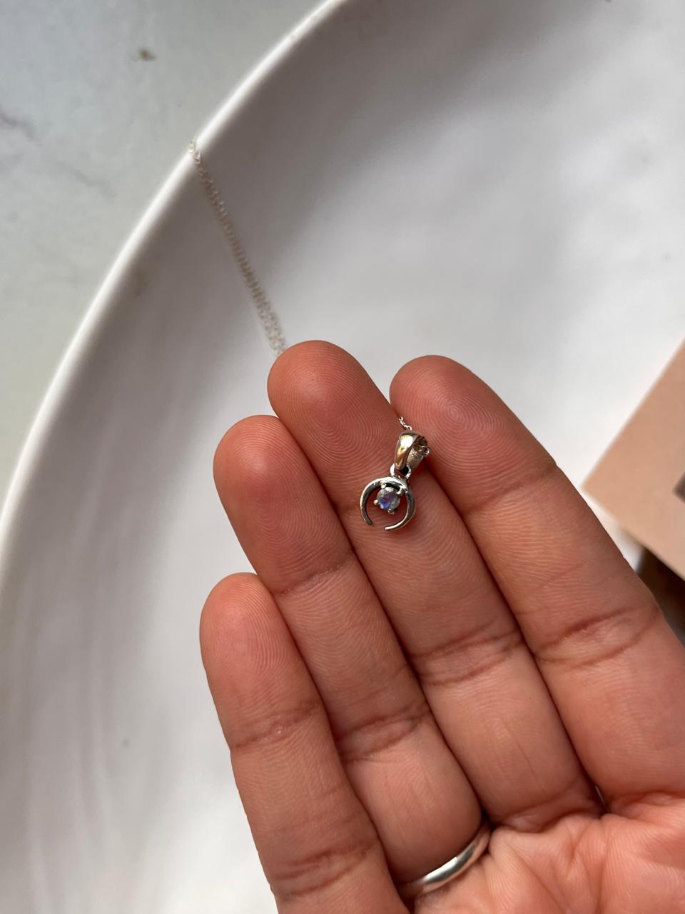 Small Silver Crescent Moon Necklace with Moonstone