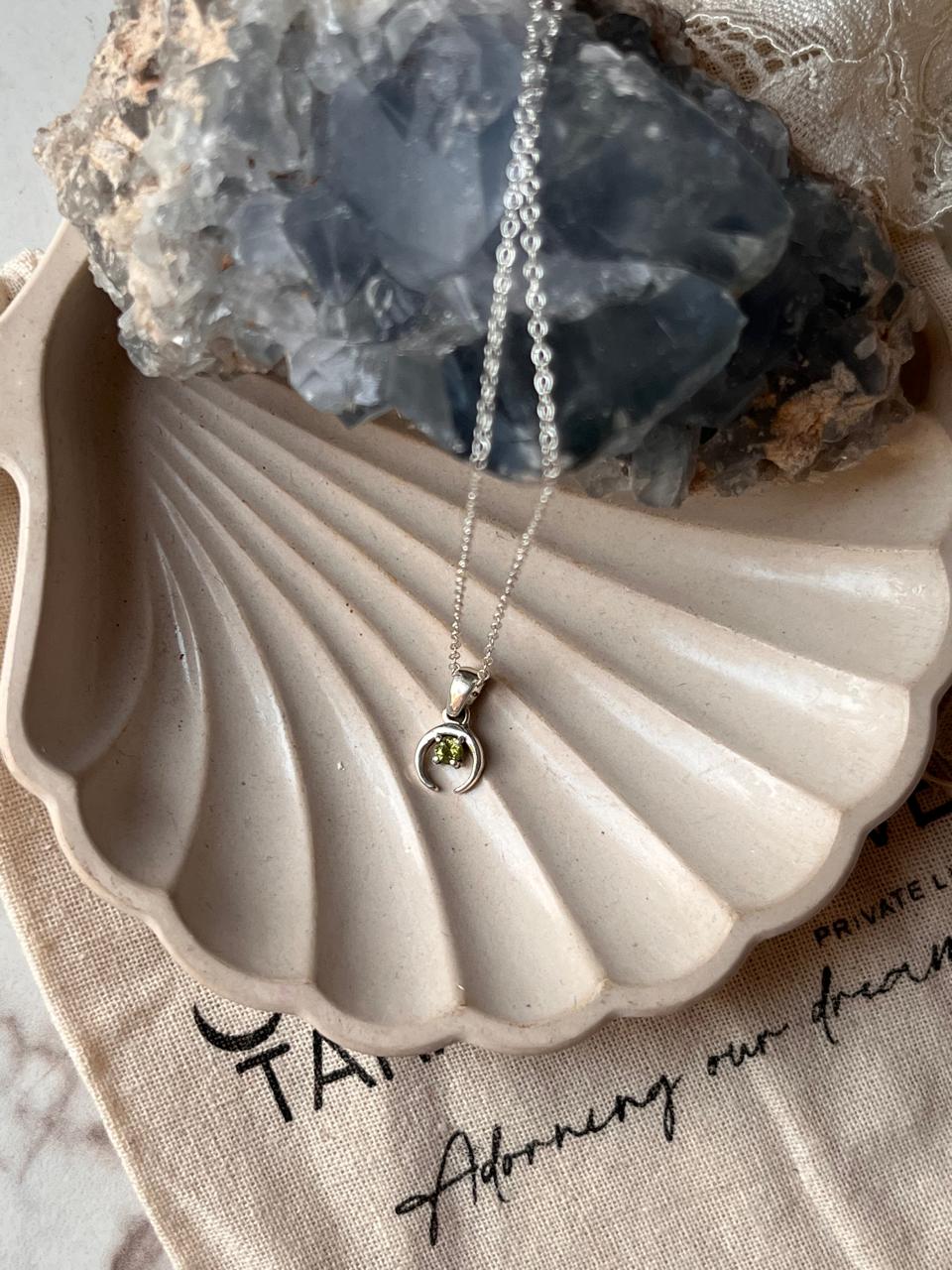 Small Crescent Moon Necklace in Silver with Peridot Gemstone