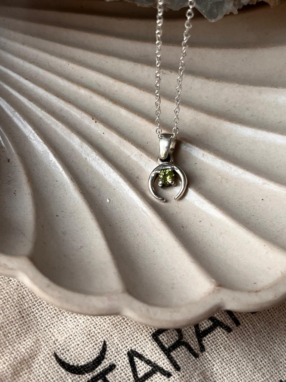 Silver Crescent Moon Necklace with Small Peridot Gemstone