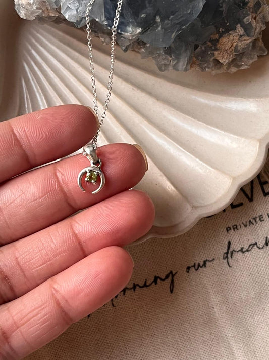 Peridot Crescent Moon Small Silver Necklace