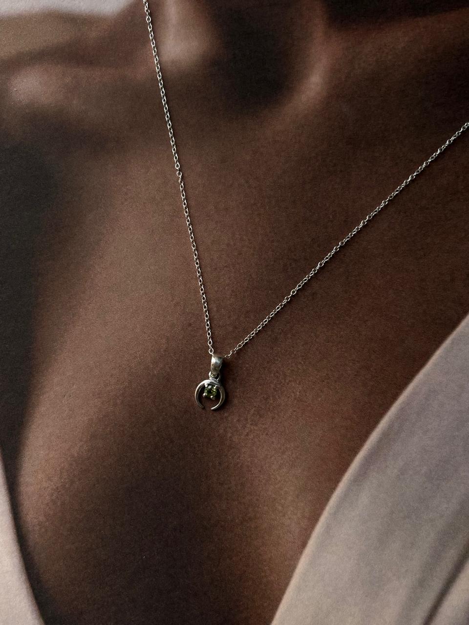 Small Silver Crescent Moon Necklace with Peridot