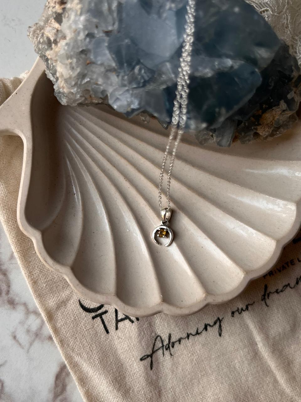 Citrine Small Crescent Moon Silver Necklace